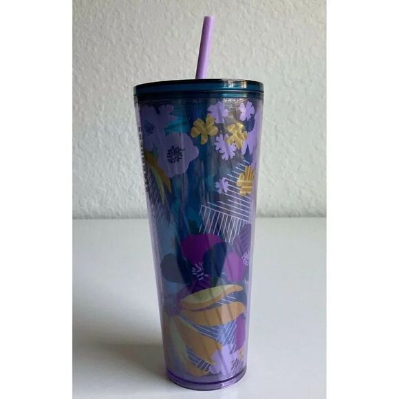 Starbucks Spring 2020 Purple Floral Flowers Clear Acrylic Cup Tumbler Hawaii NWT - Picture 1 of 7